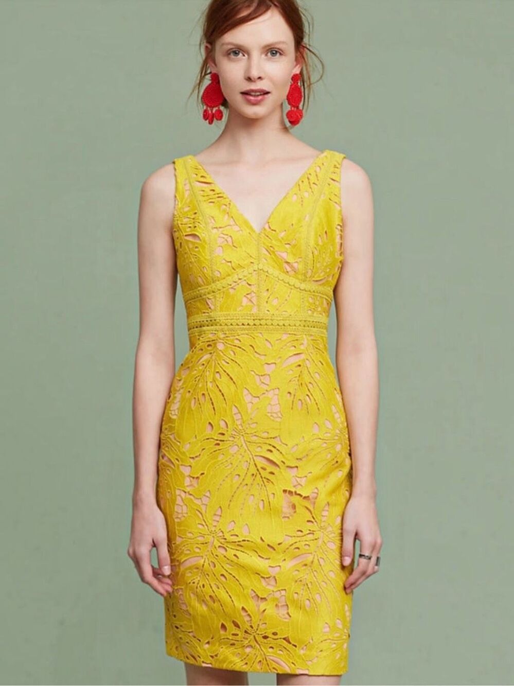 Anthropologie Maeve Yellow Gardenia Crochet Lace Leaf Midi Pencil Dress Size 4